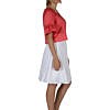 coral ruffled cotton blouse | white cotton A-Line skirt