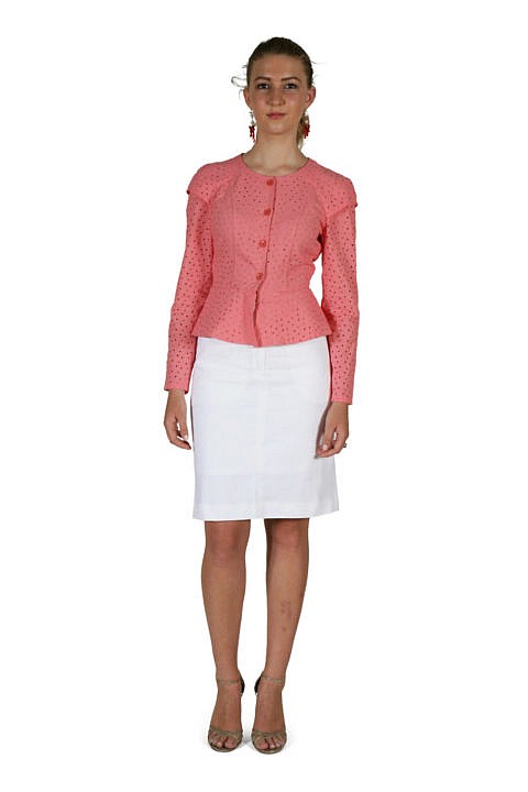 coral cotton lace blouse | ivory cotton jacquard skirt