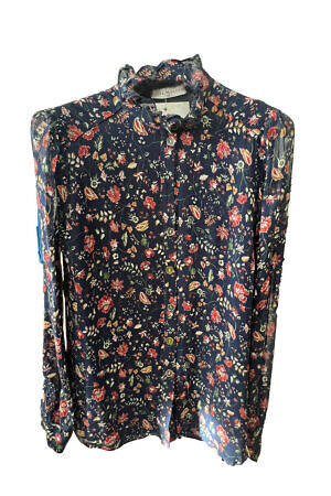 midnight blue silk chiffon blouse with floral print CORFU