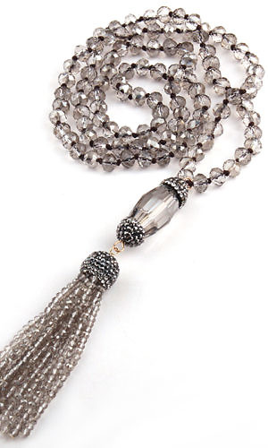 bohemian grey crystal glass knotted long necklace with tassels