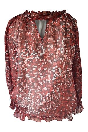 graphic printed red and white silk blouse with volants REGINA