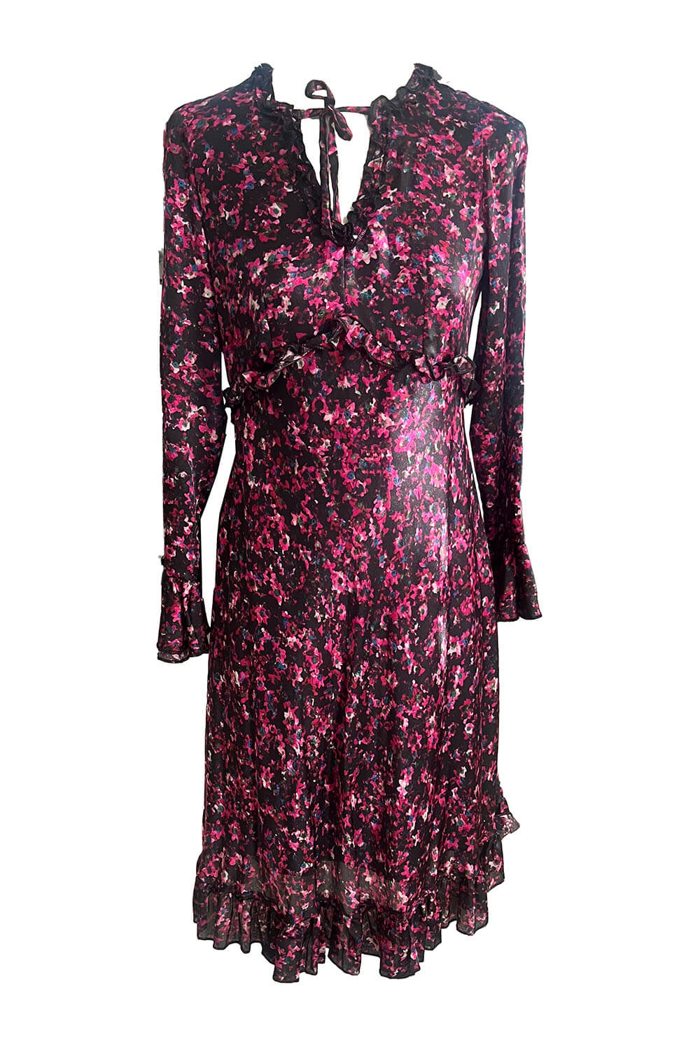 midi dress LUNA with volants in floral printed black and pink silk chiffon