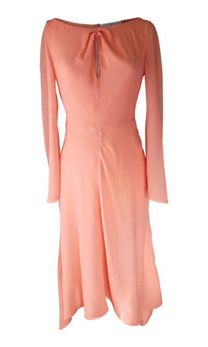 coral colored silk dress in midi length