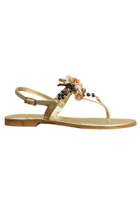 PAOLA FIORENZA Capri sandals in golden leather with pink shells, black corals and swarowski stones