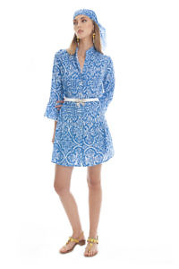 BLITZ POSITANO | Hemdblusenkleid AGADI aus blau-weißem Mousseline-Stoff mit Majolika-Print