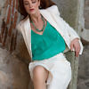 ivory linen blazer | emerald green silk camisole | ecru linen bermudas