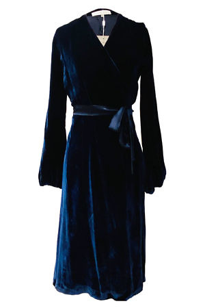 midi wrap dress in midnight blue silk velvet ANINA | dark blue cocktail dress