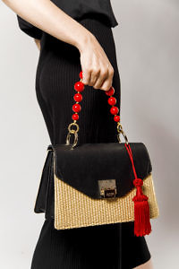 JADISE Sicily | black and red colored joyful bag in leather and raffia KATE