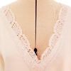 long sleeved tunica blouse LORI in white silk satin with v-neck and hand knitted crochet lace trims