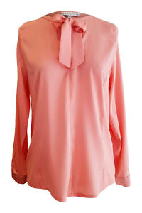 long sleeved secretary blouse CHANTAL in matte pink silk | coral red silk pussy bow blouse