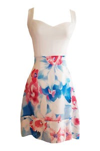 knee length strap dress GIOVANNA in floral silk chiffon and white jersey fabric
