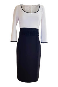 knee length dress DONATA in white and black viscose crêpe with lace trims