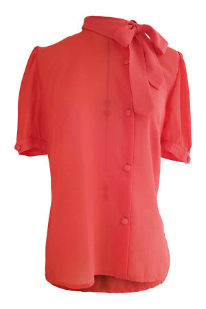 coral red silk chiffon blouse with short sleeves and a bow GIULIA