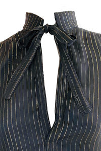 black silk chiffon blouse with golden stripes, half length sleeves and a bow ALLEGRA