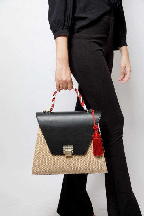 Jadise Sicilia | big black and red colored joyful bag in leather and raffia SABRINA