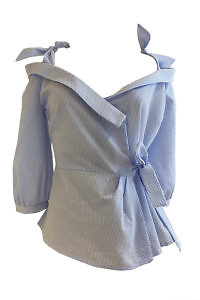 Carmen blouse with straps in a blue-and-white striped seersucker fabric ERIKA