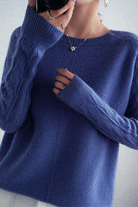 azur blue premium quality boat neck cashmere sweater with braided sleeves BEATE
