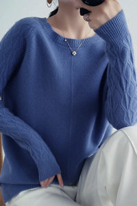 azur blue premium quality boat neck cashmere sweater with braided sleeves BEATE
