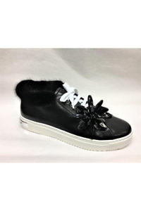 GIOVANNA GRAZZINI black sneakers with floral rhinestone and fur detail