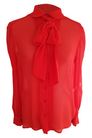 coral red silk chiffon blouse with long sleeves and a bow MANDY