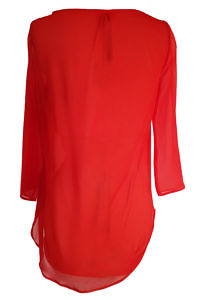 coral red silk chiffon and jersey top with 3/4 sleeves ANKE