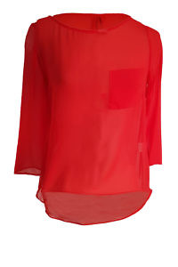 coral red silk chiffon and jersey top with 3/4 sleeves ANKE
