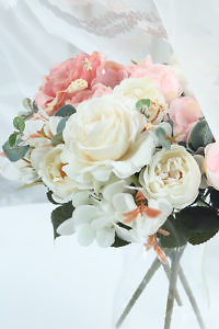 white-pink bouquet of roses made of silk fabric | white and pink silk roses