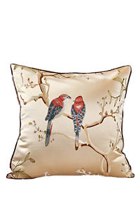 Beige Pillowcase in jacquard satin with bird print in lvory, blue and wine red | beige jacquard pillow