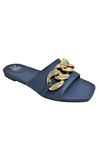 GIOVANNA GRAZZINI Flache Sandale in Dunkelblau mit goldener Kette | blaue flache Pantoletten