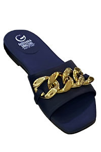 GIOVANNA GRAZZINI Flache Sandale in Dunkelblau mit goldener Kette | blaue flache Pantoletten