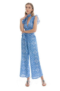 BLITZ POSITANO | trousers MEGAN in blue and white maiolica printed linen fabric