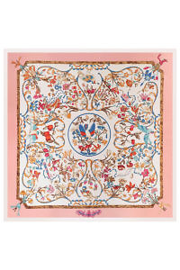 Luxury silk scarf with bird and tree pattern | pink silk foulard