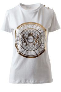 SETTEPUNTOZERO T-Shirt | VENEZIA | T-Shirt in Weiß und Gold mit VENEZIA-Print und Schulterknöpfen