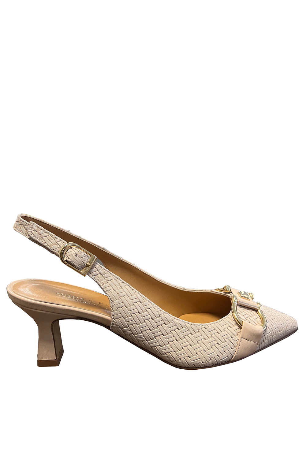 nude colored MODA DI FAUSTO slingback pumps in braided leather with golden charms