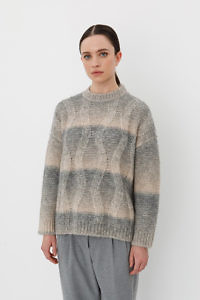 CAPPELLINI by PESERICO | grey and beige striped cable knit sweater in a cashmere alpaca & fine merino blend with golden metallic yarn