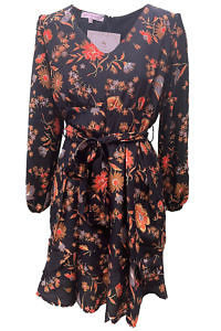 black and orange silk dress in floral crêpe de chine with 3/4-sleeves, V-neck a belted waist ANAIS