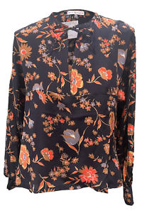 black and orange silk blouse in floral crêpe de chine with long sleeves, keyhole neckline a bow LENA
