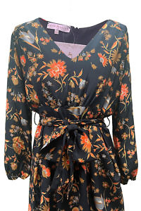 black and orange silk midi dress in floral crêpe de chine with 3/4-sleeves, V-neck a belted waist ANABELLE