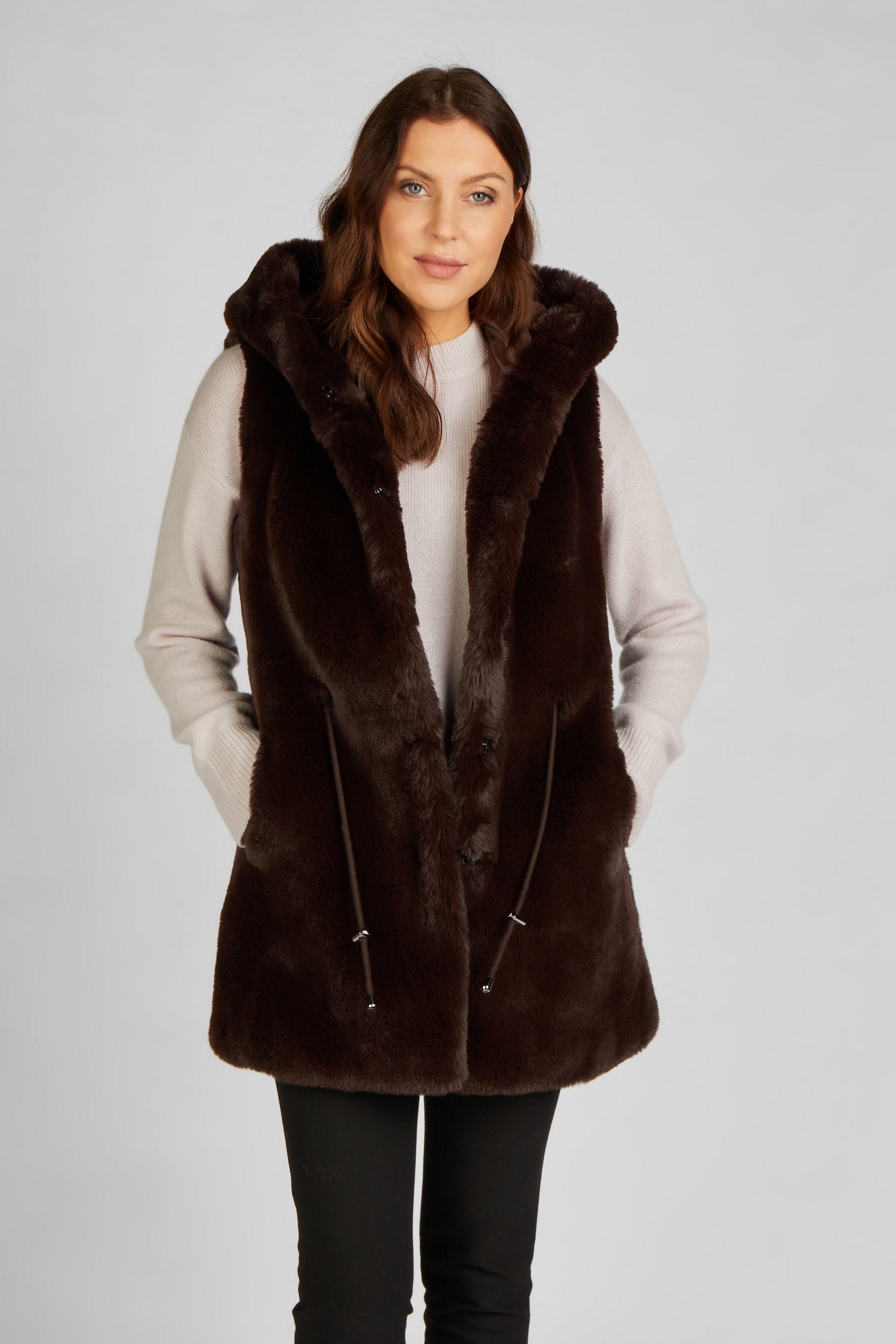 FUNK brown fake fur vest with hood