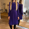 purple silk chiffon dress with long sleeves, boat-neck a fitted waist NOEMI