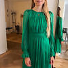 emerald green silk chiffon dress with long sleeves, boat-neck a fitted waist NOEMI