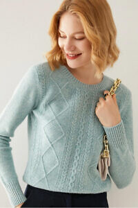 thick dusty mint 100% merino sweater with round neck and a diamond pattern
