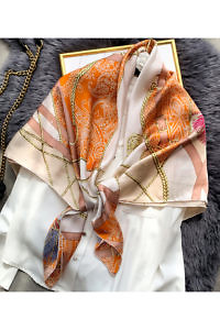 silk foulard EQUESTRIAN with a chain print in orange, ivory and beige