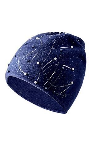 dark blue cashmere blended beanie with pearls and rhinestones MAGGY