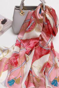 silk scarf PRIMAVERA with a chain print in light and strong pink, ivory and blue | 172 x 52cm