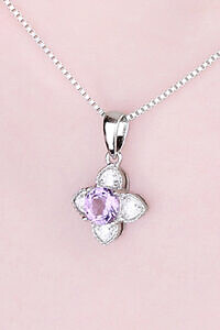 massiver 925er Silber natürlicher violetter Amethyst Zirkon Anhänger in floraler Form mit einer Silberkette | lila Halskette