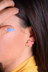FRANCESCA BIANCHI | 24-karat gold-plated stop-gap earrings with peach enamelled four-leaf clovers | peach quaterfoil earrings