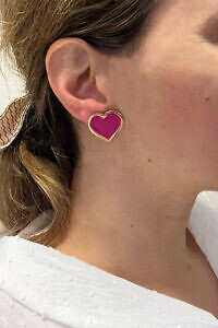 FRANCESCA BIANCHI | 24-karat gold-plated stop-gap earrings with pink enamelled hearts | fuchsia heart stud earrings
