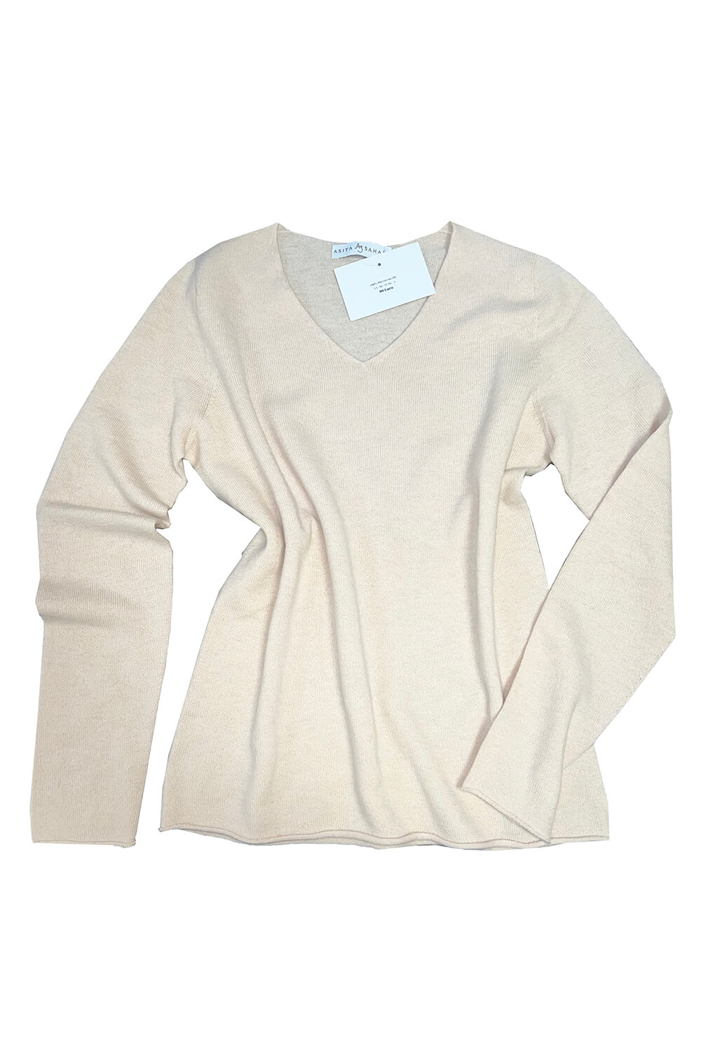 light beige 100% merino sweater with V-neck | off-white v-neck sweater