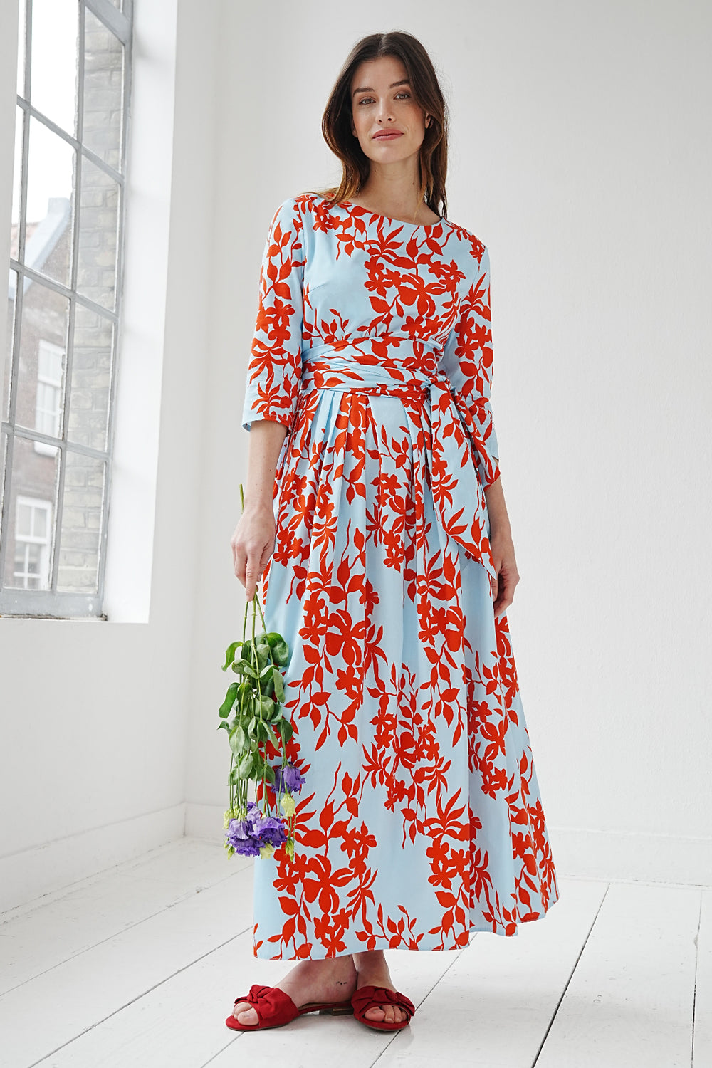 MARIANNA DÉRI | A-line cut floral printed midi dress in baby blue and orange | asitasahabi.com